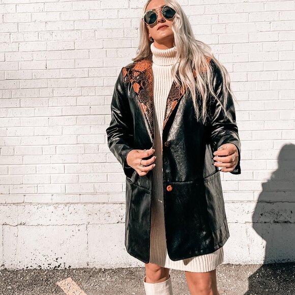 Vegan Leather Blazer Jacket with Snakeskin Collar - Picture 4 of 8